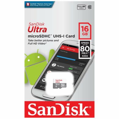 Картка пам`яті SanDisk microSDHC 16GB Ultra C10 UHS-I R80MB/s + адаптер