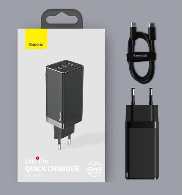 Сетевое зарядное устройство Baseus GaN2 Pro Quick Charger (65W) + кабель Type-C (CCGAN2P-B01) - Black