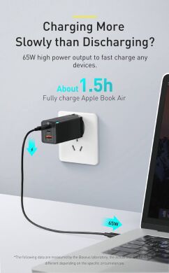 Сетевое зарядное устройство Baseus GaN2 Pro Quick Charger (65W) + кабель Type-C (CCGAN2P-B01) - Black