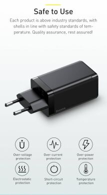 Сетевое зарядное устройство Baseus GaN2 Pro Quick Charger (65W) + кабель Type-C (CCGAN2P-B01) - Black