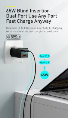 Сетевое зарядное устройство Baseus GaN2 Pro Quick Charger (65W) + кабель Type-C (CCGAN2P-B01) - Black
