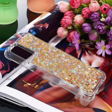 Силиконовый (TPU) чехол Deexe Liquid Glitter для Samsung Galaxy A03s (A037) - Diamond Gold Hearts