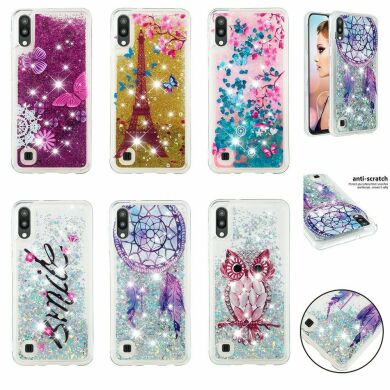 Силиконовый (TPU) чехол Deexe Liquid Glitter для Samsung Galaxy A10 (A105) - Butterfly and Plum Blossom