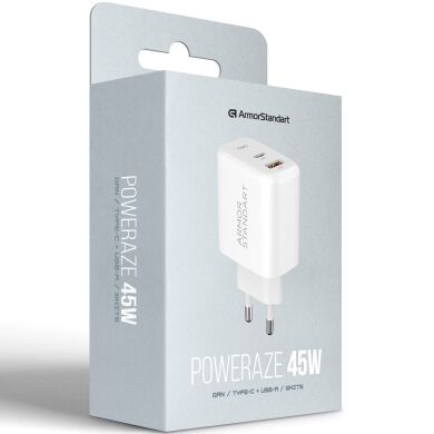 Сетевое зарядное устройство ArmorStandart Poweraze (45W) GaN Type-C + USB - White