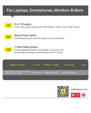 Сетевое зарядное устройство Baseus EnerFill FA11 3AC + 1U + 2C (67W) E00082100123-00 - Black