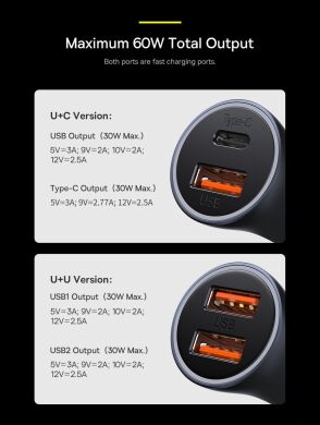 Автомобильное зарядное устройство Baseus Golden Contactor Max Dual Fast Charger U+C (60W) CGJM000113 - Dark Gray