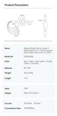 Кабель Baseus Bright Mirror 2 Series 3-in-1 USB to MicroUSB+Lightning+Type-C (3.5A, 1.1m) CAMJ010001 - Black