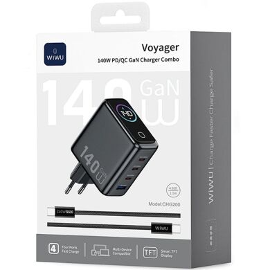 Сетевое зарядное устройство WIWU CHG200 Voyager PD140W + QC3.0 (USB + 3Type-C) + кабель Type-C to Type-C - Grey