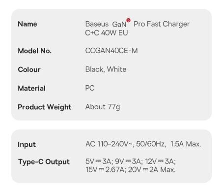 Сетевое зарядное устройство Baseus GaN5 Pro C+C 40W (CCGP180101) - Black