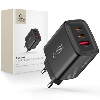 Мережевий зарядний пристрій Tech-Protect Network Charger GaN 65W (2Type-C + USB) - Black