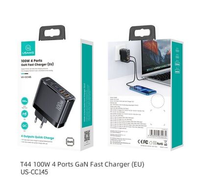 Мережевий зарядний пристрій USAMS CC145 T44 100W 4 Ports GaN Fast 2A+2C - Black