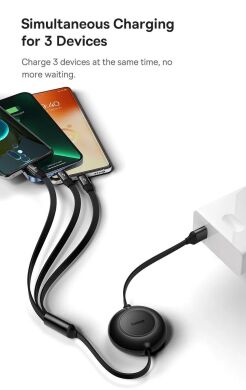 Кабель Baseus Bright Mirror 2 Series 3-in-1 USB to MicroUSB+Lightning+Type-C (66W, 1.1m) CAMJ010101 - Black