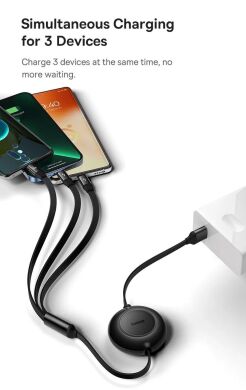 Кабель Baseus Bright Mirror 2 Series 3-in-1 USB to MicroUSB+Lightning+Type-C (66W, 1.1m) CAMJ010101 - Black