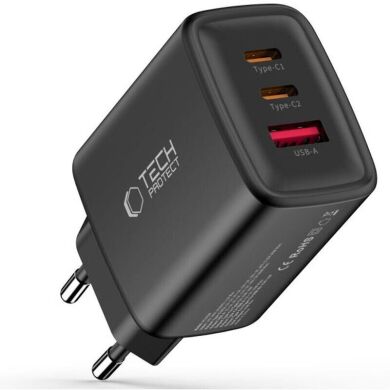 Мережевий зарядний пристрій Tech-Protect Network Charger GaN 65W (2Type-C + USB) - Black