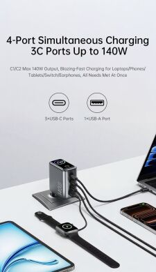 Сетевое зарядное устройство WIWU CHG200 Voyager PD140W + QC3.0 (USB + 3Type-C) + кабель Type-C to Type-C - Grey