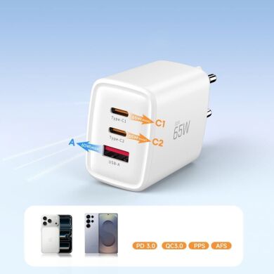 Мережевий зарядний пристрій Tech-Protect Network Charger GaN 65W (2Type-C + USB) - White