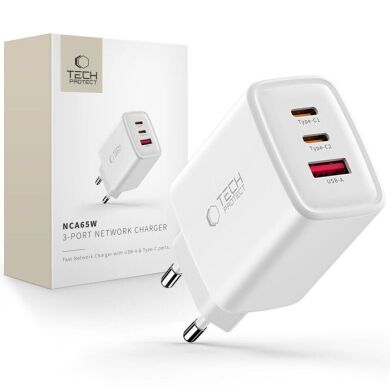 Мережевий зарядний пристрій Tech-Protect Network Charger GaN 65W (2Type-C + USB) - White