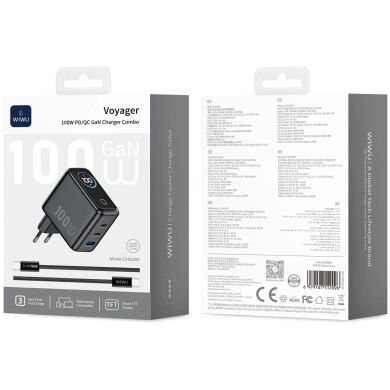 Сетевое зарядное устройство WIWU CHG300 Voyager PD100W+QC3.0 (USB + 2Type-C) + кабель Type-C to Type-C - Grey