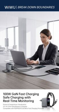 Сетевое зарядное устройство WIWU CHG300 Voyager PD100W+QC3.0 (USB + 2Type-C) + кабель Type-C to Type-C - Grey