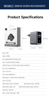 Сетевое зарядное устройство WIWU CHG300 Voyager PD100W+QC3.0 (USB + 2Type-C) + кабель Type-C to Type-C - Grey