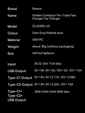 Автомобильное зарядное устройство Baseus Golden Contactor Pro Triple Fast Charger (65W) CGJP010013 - Dark Gray