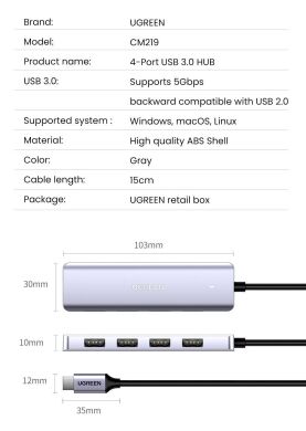 USB HUB UGREEN CM219 4 in 1 Type-C to 4USB 3.0 - Space Gray