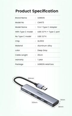 USB HUB UGREEN CM473 4 in 1 Type-C to 4USB 3.0 - Space Gray