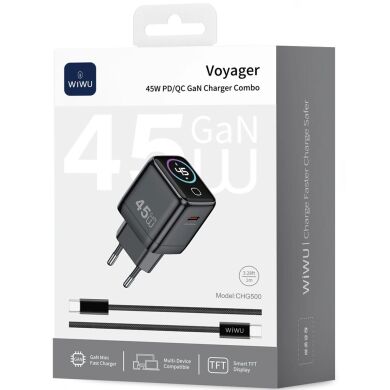 Сетевое зарядное устройство WIWU CHG500 Voyager PD45W (Type-C) + кабель Type-C to Type-C - Grey