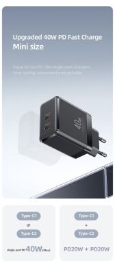 Мережевий зарядний пристрій USAMS CC172 T54 40W Dual Type-C Ports GaN Fast Charger - Black