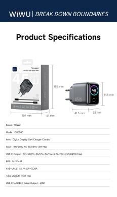 Сетевое зарядное устройство WIWU CHG500 Voyager PD45W (Type-C) + кабель Type-C to Type-C - Grey