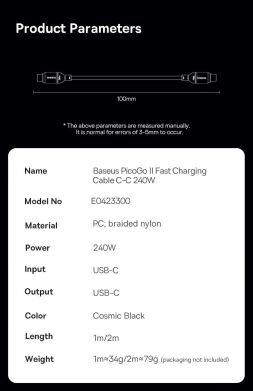 Кабель Baseus PicoGo Type-C to Type-C 240W (2m) E0423301 - Black