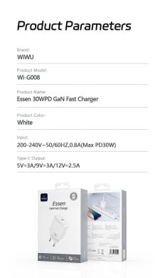Сетевое зарядное устройство WIWU G008 Essen PD30W GaN (Type-C) - White