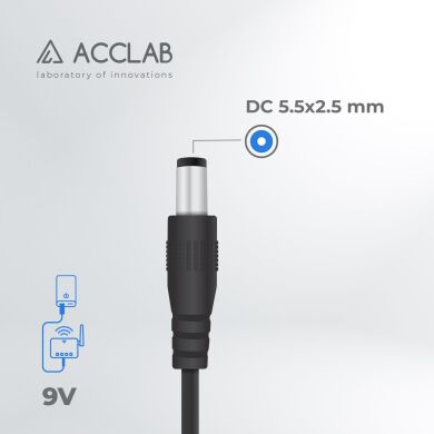Кабель ACCLAB USB to DC 5.5х2.5мм (9V, 1A, 1m) - Black