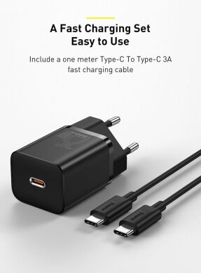 Мережевий зарядний пристрій Baseus Super Si Quick Charger (25W) + кабель Type-C to Type-C (3A, 1m) TZCCSUP-L — Black