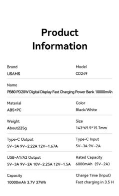 Зовнішній акумулятор Usams CD249 PD20W (10000mAh) - White