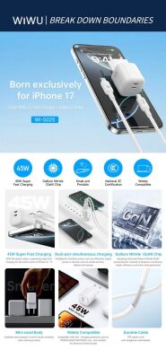 Сетевое зарядное устройство WIWU G025 Cube PD45W (2Type-C) + кабель Type-C to Type-C - Orange