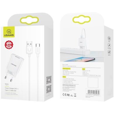 Сетевое зарядное устройство USAMS T21 Travel Charger + кабель Type-C - White