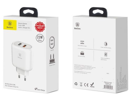 Сетевое зарядное устройство BASEUS Bojure Series (2USB, 1xQuickCharge QC3.0 23W) - White