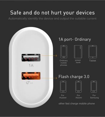 Сетевое зарядное устройство BASEUS Bojure Series (2USB, 1xQuickCharge QC3.0 23W) - White