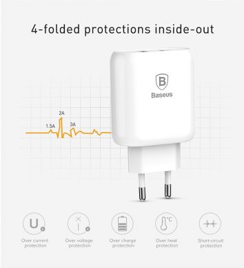 Сетевое зарядное устройство BASEUS Bojure Series (2USB, 1xQuickCharge QC3.0 23W) - White