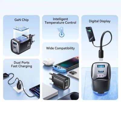 Сетевое зарядное устройство USAMS US-CC229 GaN 30W (USB + Type-C) - Black