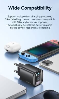 Сетевое зарядное устройство USAMS US-CC229 GaN 30W (USB + Type-C) - Black