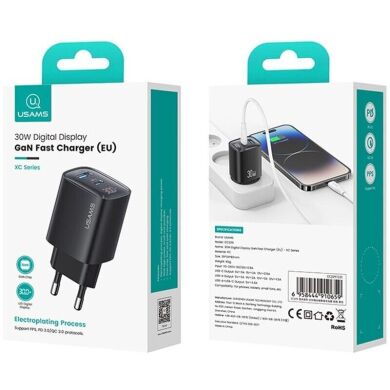 Сетевое зарядное устройство USAMS US-CC229 GaN 30W (USB + Type-C) - Black
