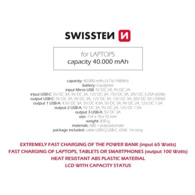 Внешний аккумулятор SWISSTEN Power Line PD100W (40000mAh) - Black