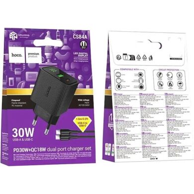 Мережевий зарядний пристрій Hoco CS84A PD30W + QC3.0 + кабель Type-C to Type-C - Black