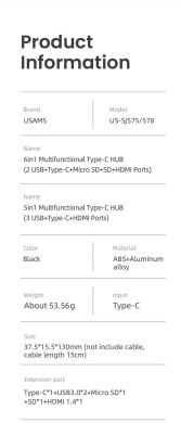 Type-C HUB Usams US-SJ578 5 in 1 Multifunctional (Type-C to 3USB+Type-C+HDMI) - Black
