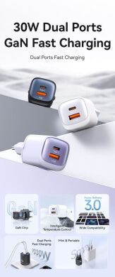 Сетевое зарядное устройство USAMS US-CC254 GaN 30W (USB + Type-C) - Black