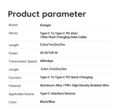 Кабель ESSAGER Star Type-C to Type-C (100W, 0.5m) EXCTT1-XCB01 - Black