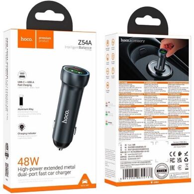 Автомобільний зарядний пристрій Hoco Z54A 48W (USB + Type-C) - Metal Grey