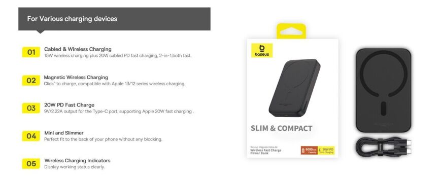 Внешний аккумулятор Baseus Magnetic Mini 20W (6000mAh) P10059002113-00 - Black